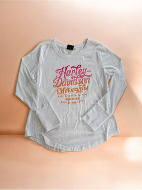 Harley-Davidson White Long Sleeve Tee with Pink and Orange Script Logo size M